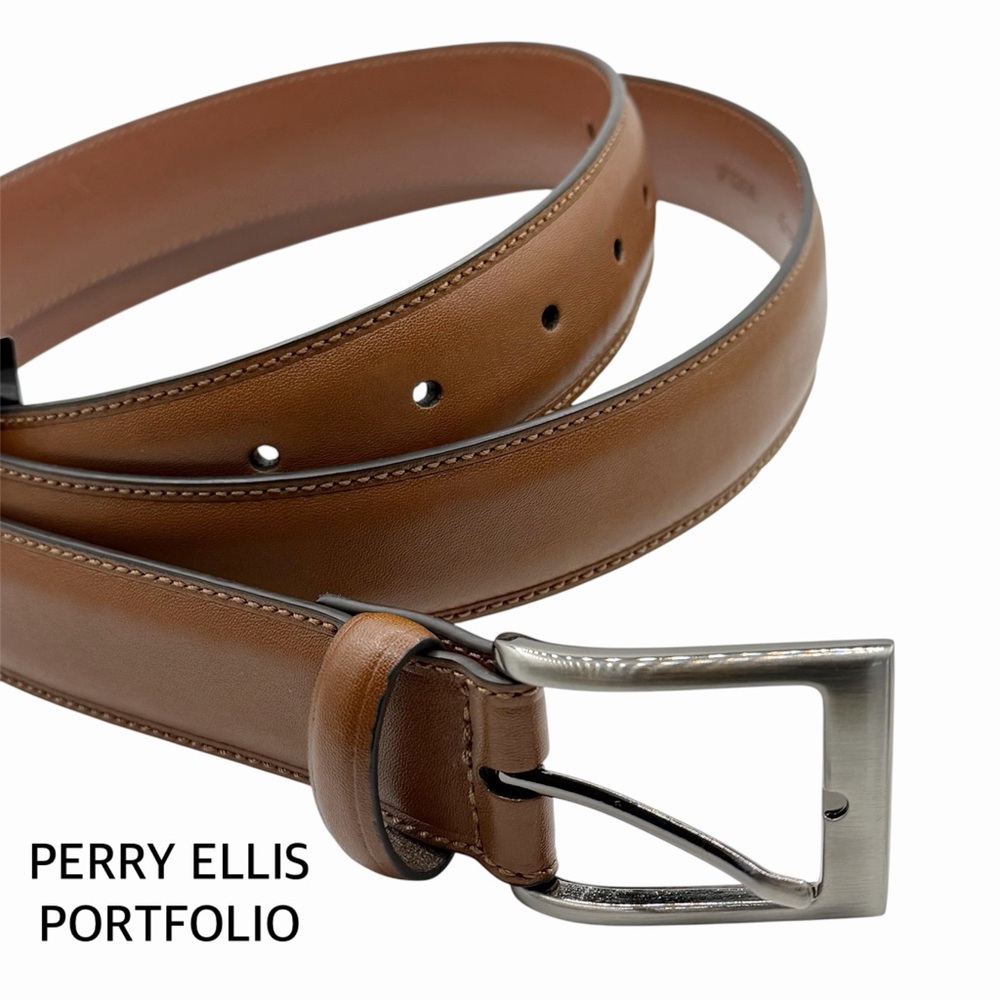 Perry Ellis Portfolio men’s brown leather belt size 42 NWT silver tone buckle